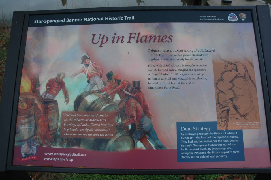 Sign commemorating the 1814 burning of the Mails Magruder warehouse by British troops. Photo: Margaret Yocom, 2013.