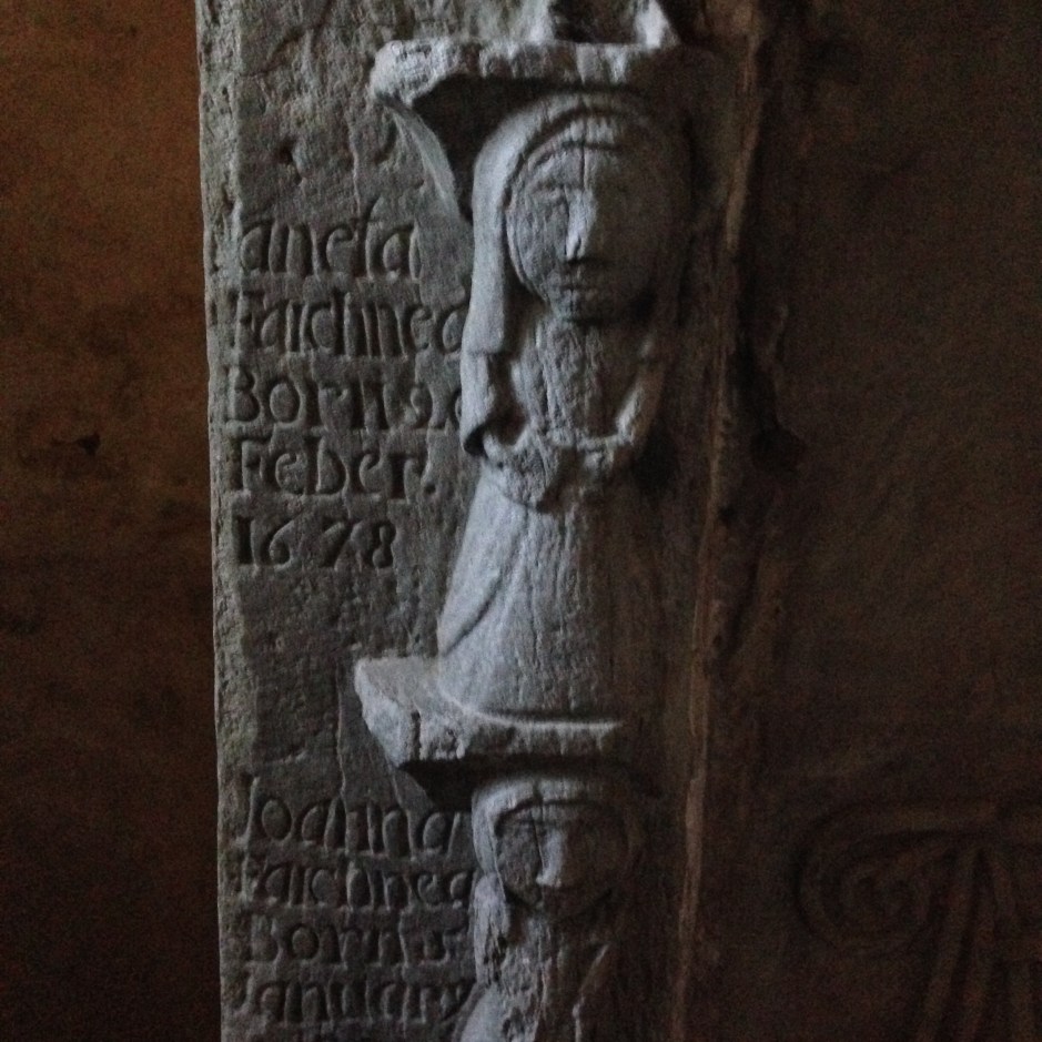 Detail from a memorial plinth in the Drummond family chapel, Innerpeffray. Photo: Susan Tichy, June 2014.